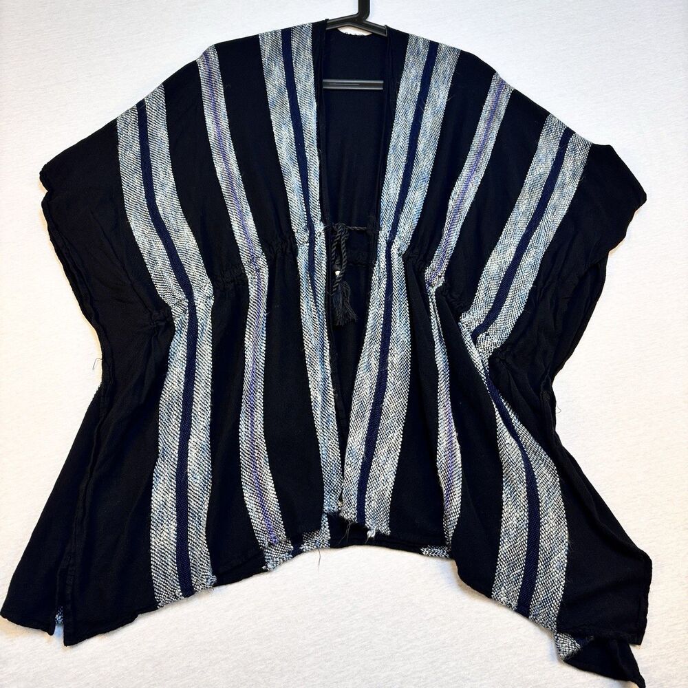 Black Blue Silver Striped Kaftan Poncho Woven Tassel Boho One Size